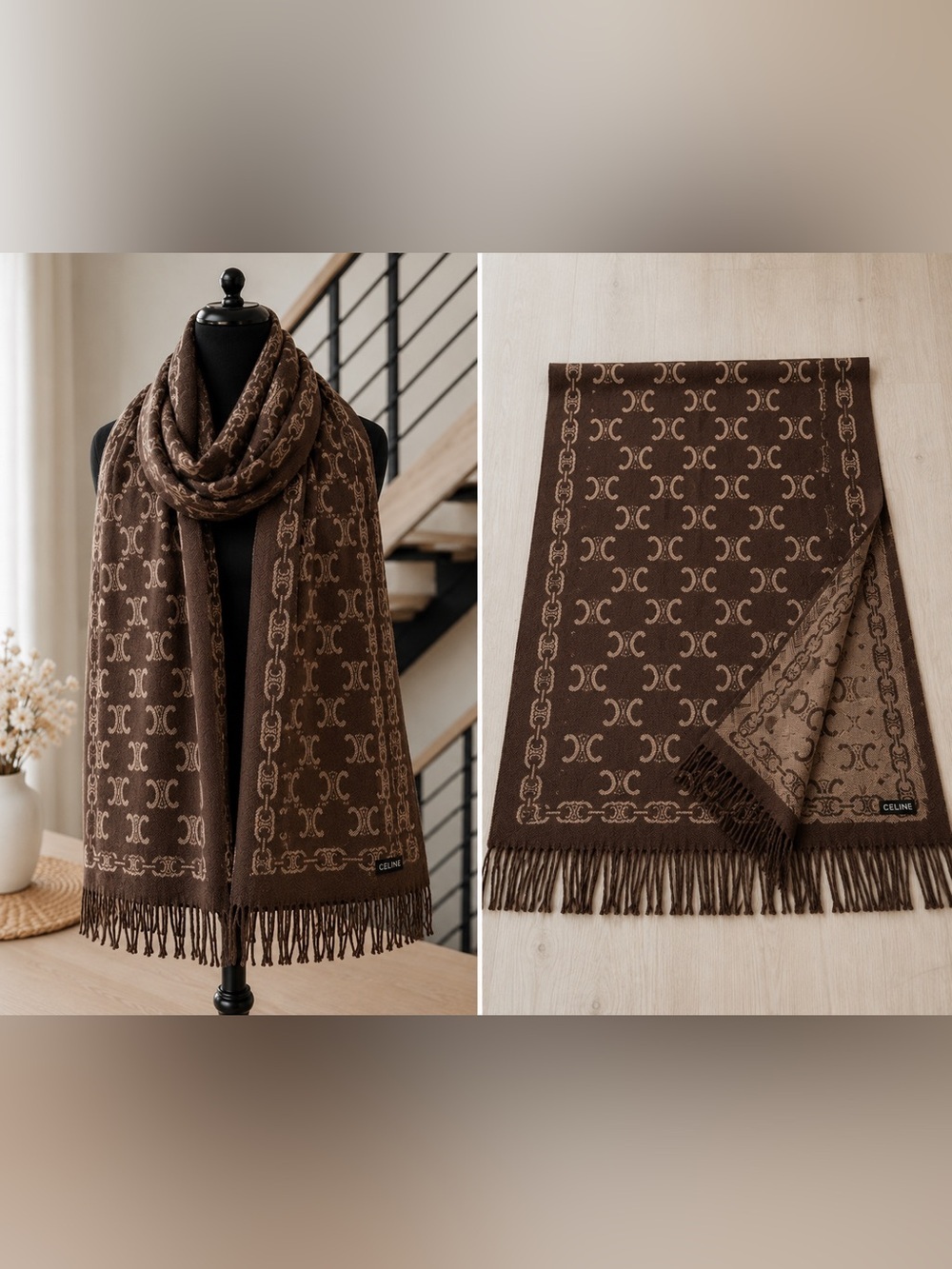Celine Brown Double-C Monogram Cashmere Scarf with Fringe